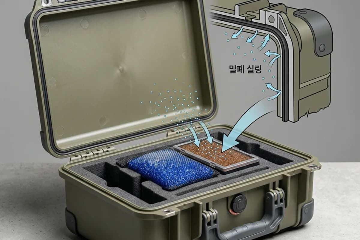 밀폐 실링으로 외부 습기를 막고 내부 방습제로 습도를 낮추는 장기보관 케이스의 방습 원리 도해