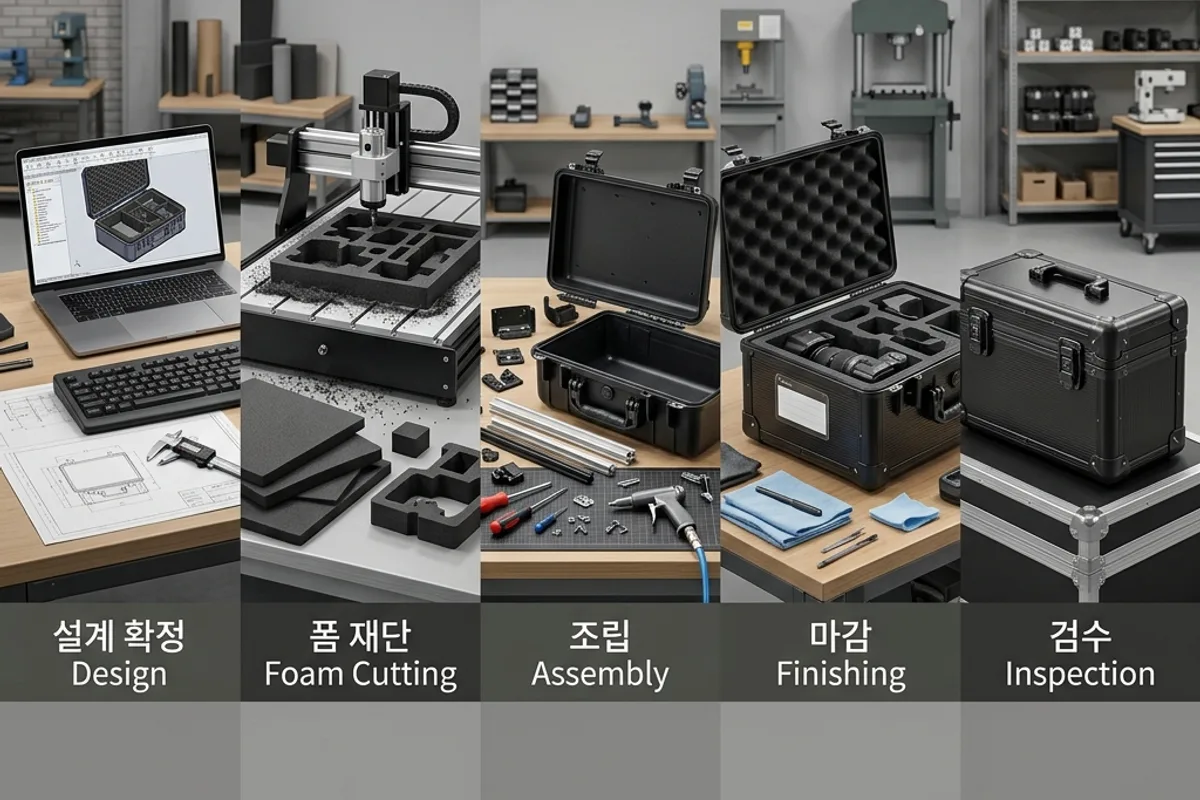 설계 확정부터 폼 재단, 조립, 마감, 검수까지 이어지는 커스텀 하드케이스 제작 공정 흐름